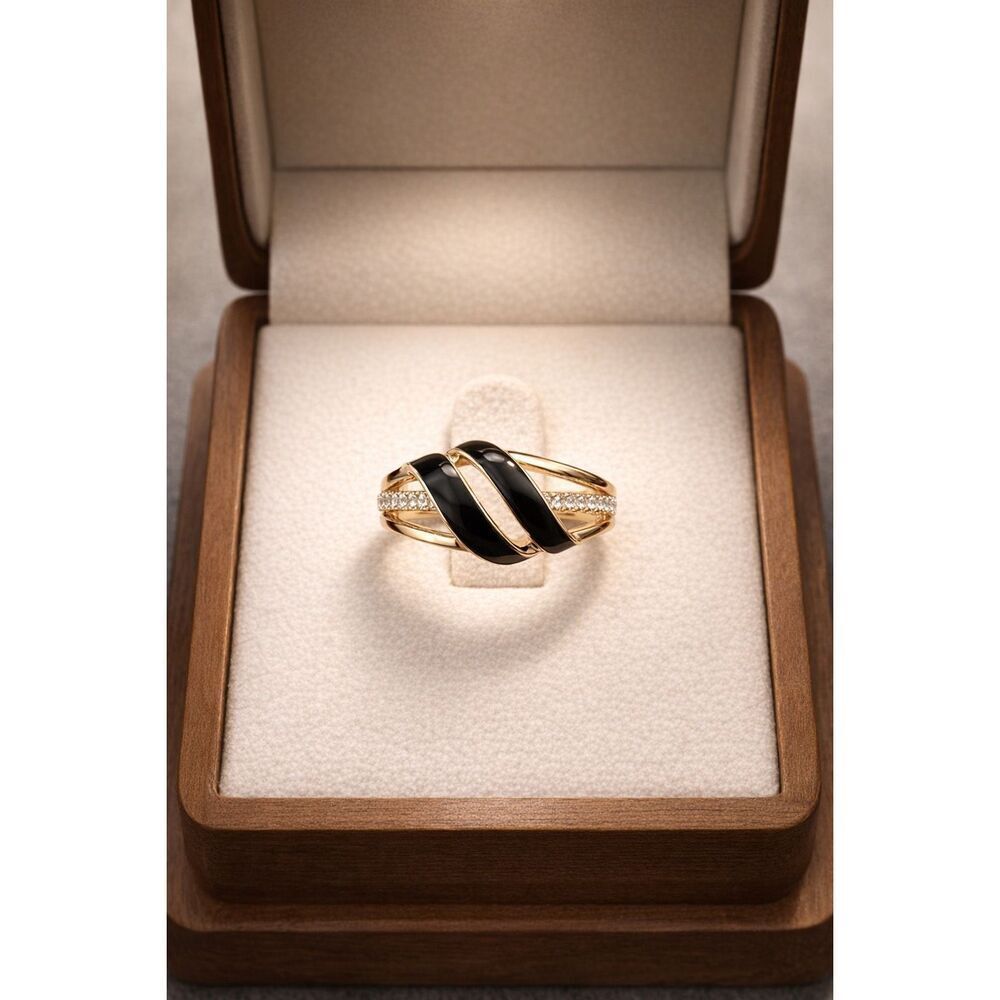 Elegant Gold & Black Intertwined Ring with CZ Accents – Timeless Design Size 6